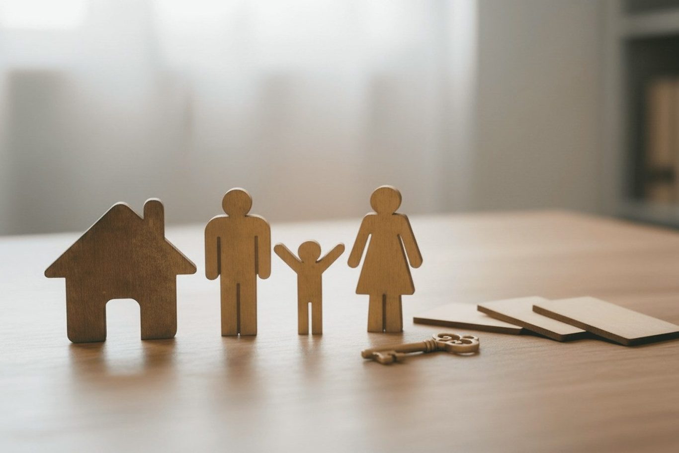 House move process – Lewis & Co Moving Group Family standing beside a house symbol representing a home move process with Lewis & Co Moving Group